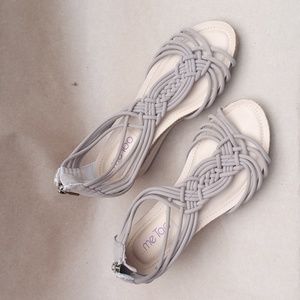 Me Too wedge sandals in nude tan taupe macrame style with zippers